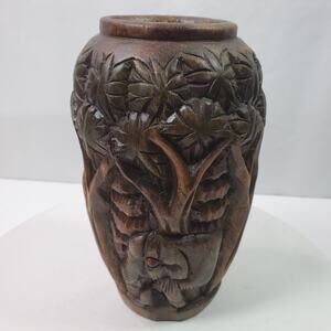 Vintage Hand Carved Wood Vase Elephants Trees 8 Inch Tall